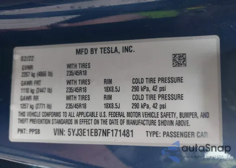 2022 Tesla Model 3 Long Range Dual Motor All-Wheel Drive z USA, uszkodzony, nr VIN 5YJ3E1EB7NF171481
